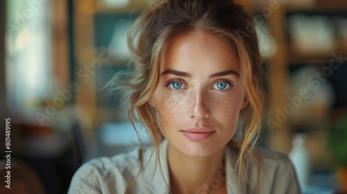 Woman With Blue Eyes Looking at Camera. Generative AI