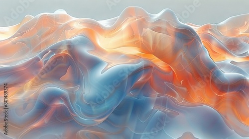   Orange, blue, and white wave painting on a gray canvas with a soft blue sky backdrop photo