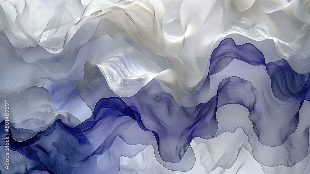 Obraz premium A painting depicts white and blue waves against a white and blue backdrop, with a central white and blue wave