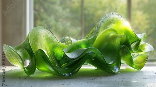   A green sculpture rests atop a white table, adjacent to a window revealing a lush forest scene beyond photo