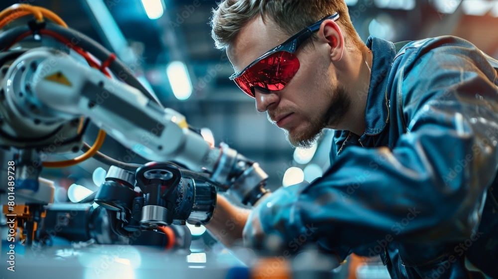 A manufacturing plant worker wearing red safety glasses while inspecting a robotic system