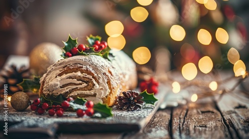 a Yule log cake on a rustic wooden table, decorated with powdered sugar, holly leaves, and berries, creating a festive look. 