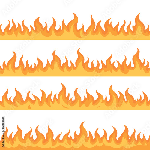 A set of seamless flame patterns in varying intensities, depicted in a warm orange to yellow gradient, ideal for graphical use in depicting fire and energy.