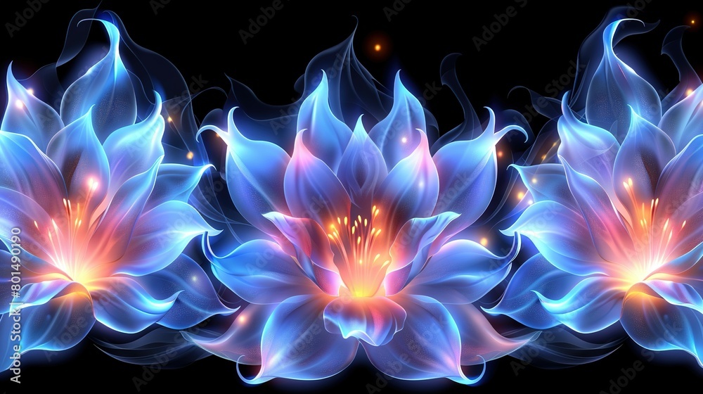 Fototapeta premium Blue-and-pink flowers on black background, center frame