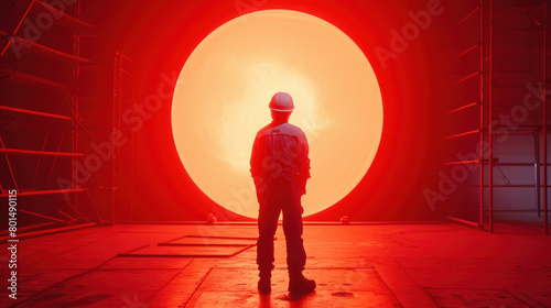 Young builder standing on red color circle background © PRASANNAPIX