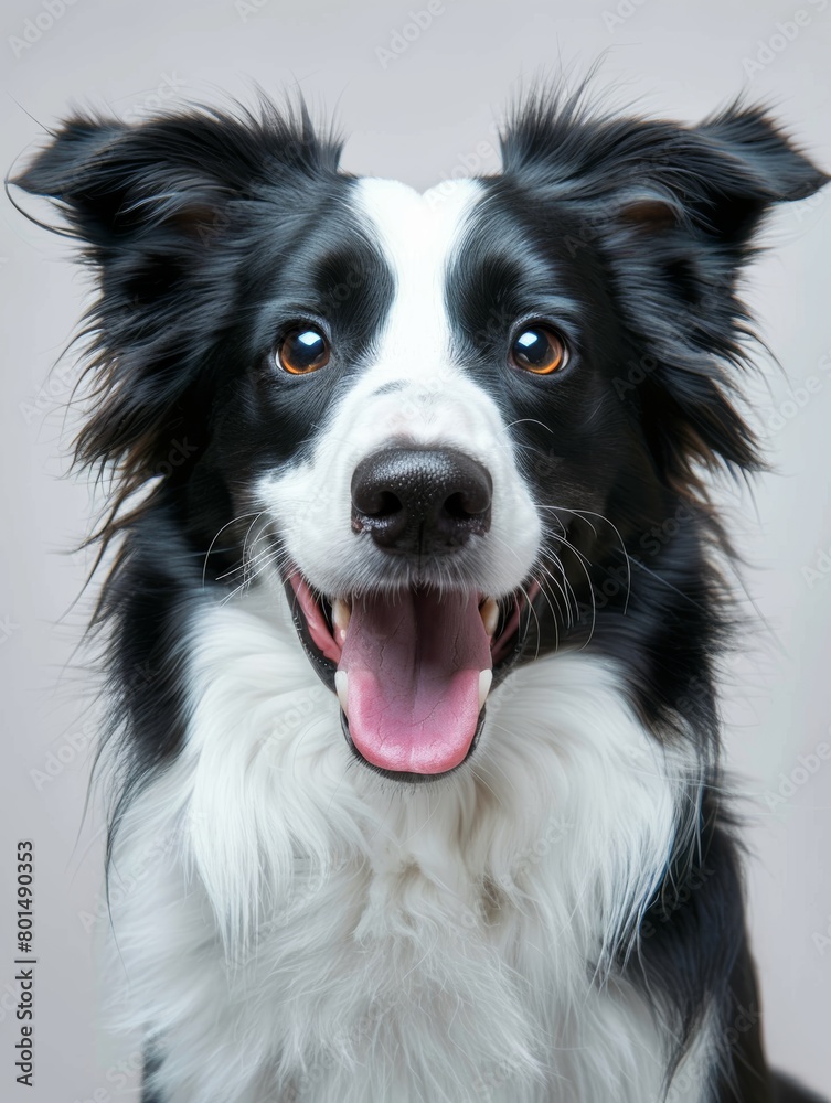 A cute black and white Border Collie dog, Smile and show your tongue, white background