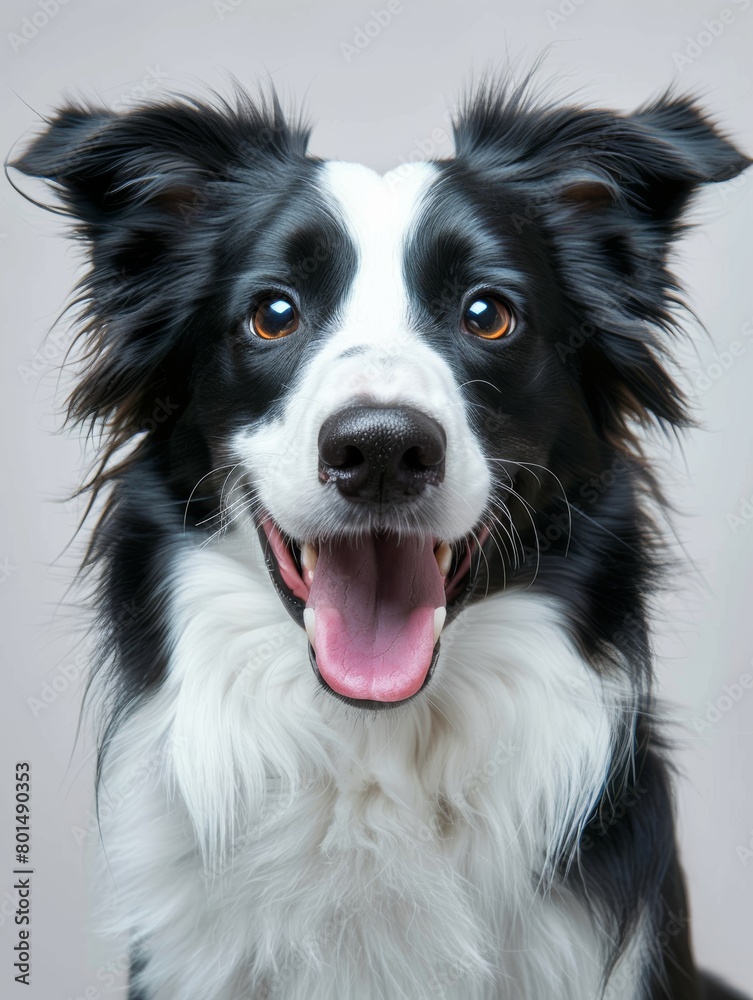 A cute black and white Border Collie dog, Smile and show your tongue, white background A cute black and white Border Collie dog, Smile and show your tongue, white background