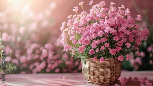   Basket filled with pink flowers on checkered tablecloth, next to wall of pink flowers