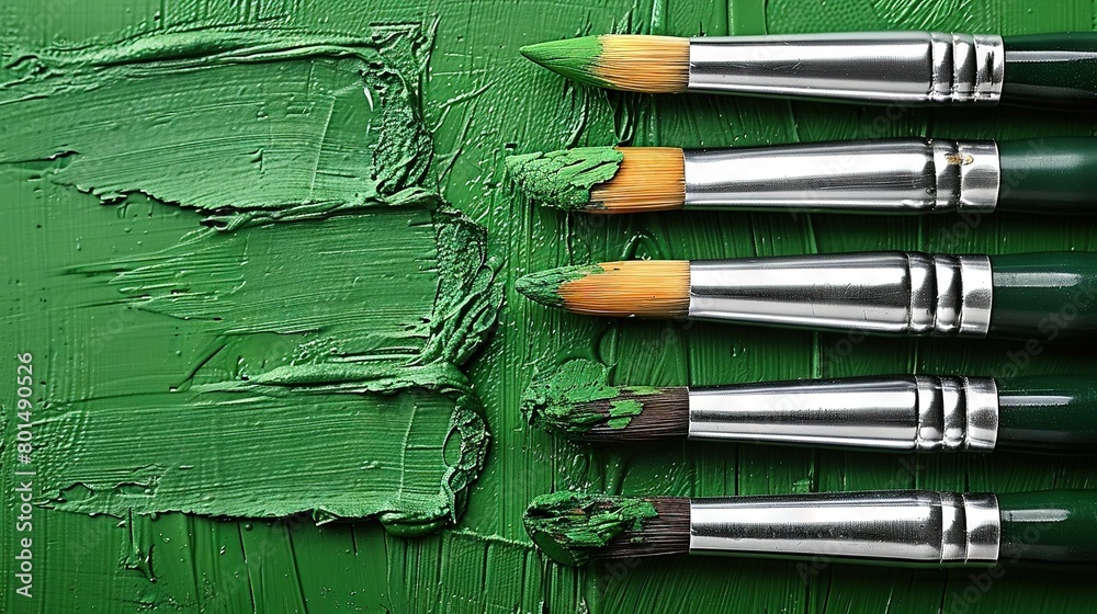 A set of paintbrushes perched atop a green-hued wall, with paint streaks adorning the surface A set of paintbrushes perched atop a green-hued wall, with paint streaks adorning the surface