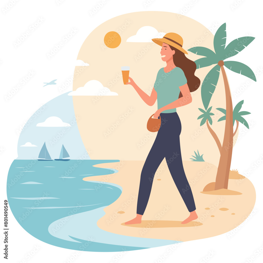 An illustration of a young woman sipping a beverage on a tropical beach, showcasing a relaxed summer day with palm trees and sailboats in the background.