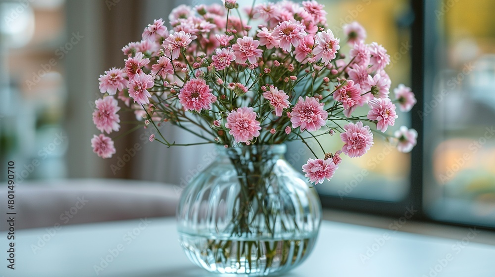 A vase filled with pink flowers sits on the table next to a glass vase containing pink flowers A vase filled with pink flowers sits on the table next to a glass vase containing pink flowers