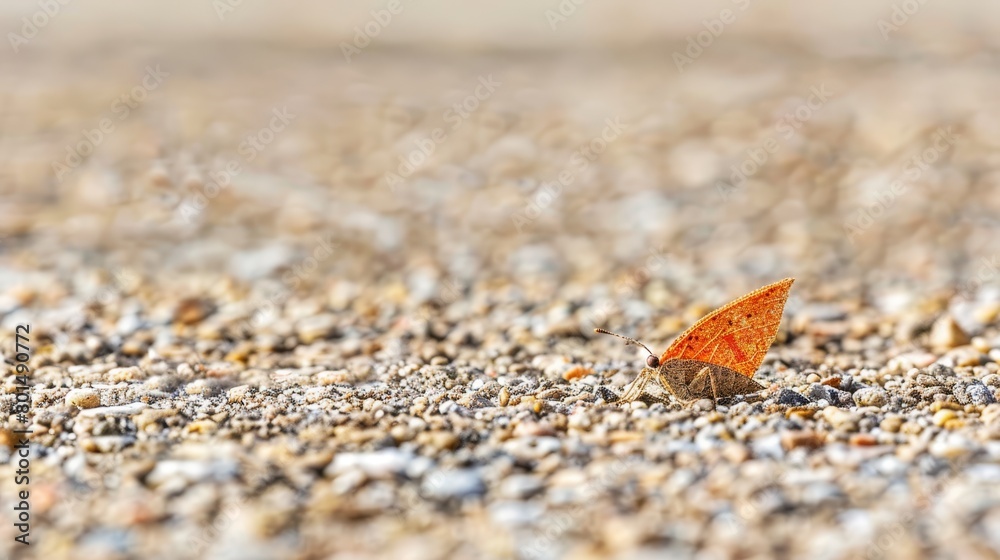 A tight shot of a small orange butterfly perched on gravel, background softly blurred A tight shot of a small orange butterfly perched on gravel, background softly blurred