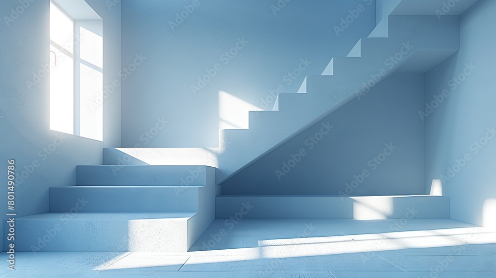 Fototapeta premium A white room with sunlight streaming in from a window, casting shadows on the walls as it illuminates a set of stairs