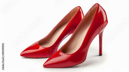 pair of classic red leather womens high heel shoes isolated on white background fashion accessory studio shot