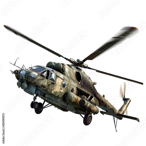 Flying military helicopter on white background,png photo