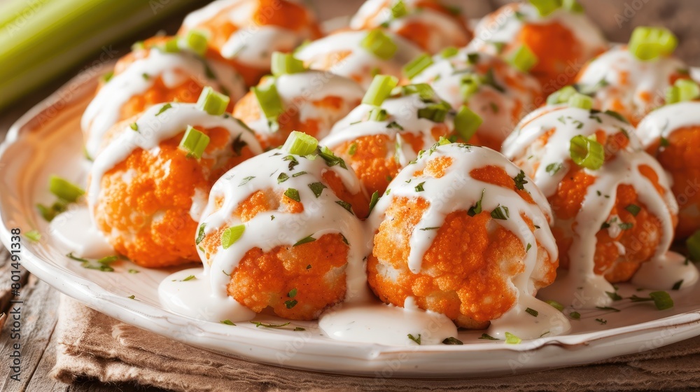 buffalo cauliflower bites drizzled with cheese dressing, served alongside crisp celery sticks, in a tantalizing photo capturing the essence of indulgent snacking. buffalo cauliflower bites drizzled with cheese dressing, served alongside crisp celery sticks, in a tantalizing photo capturing the essence of indulgent snacking.