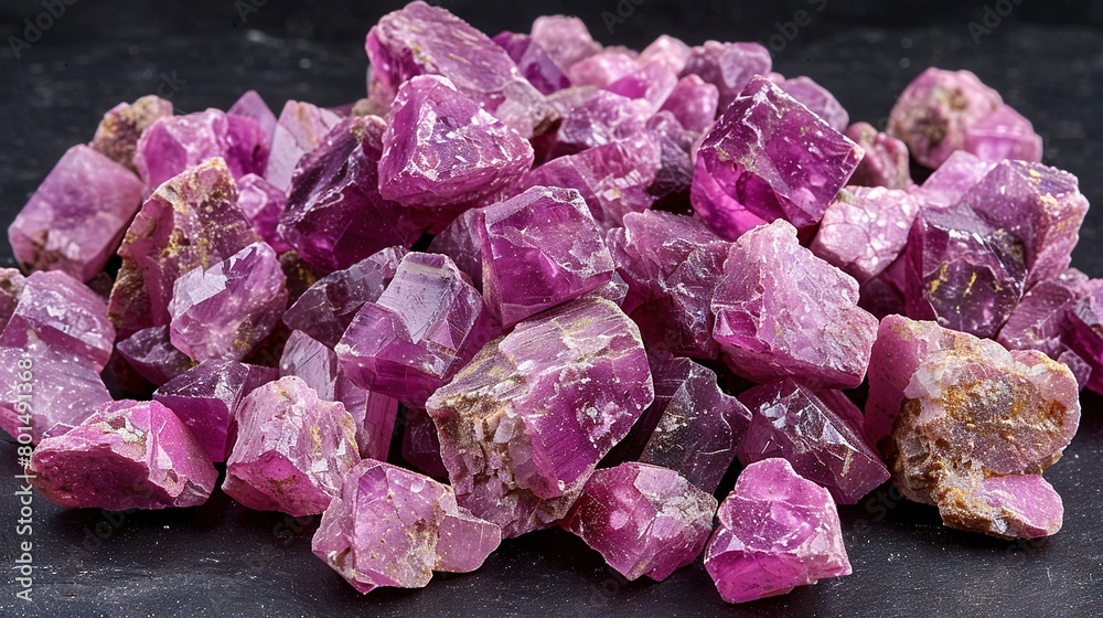 A stack of pink crystals rests atop a black table alongside an object on another table A stack of pink crystals rests atop a black table alongside an object on another table