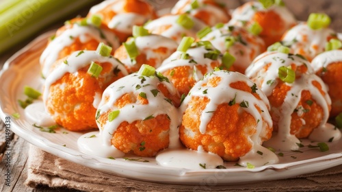 buffalo cauliflower bites drizzled with cheese dressing, served alongside crisp celery sticks, in a tantalizing photo capturing the essence of indulgent snacking.