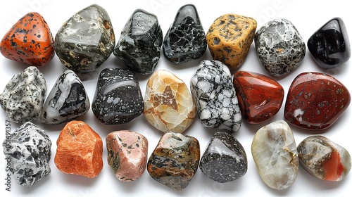   A cluster of diverse-colored stones resting atop a white table, adjacent to a white background © Sonya