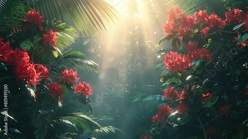   The sun illuminates the tropical tree's leaves and vibrant red flowers in the foreground © Sonya
