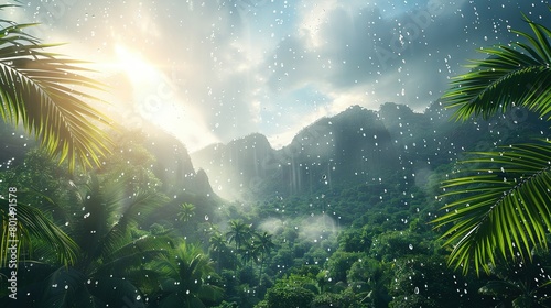   A painting depicts a lush tropical setting  showcasing raindrops cascading down from above while palm trees fill the front area In the background lies a majestic mountain range