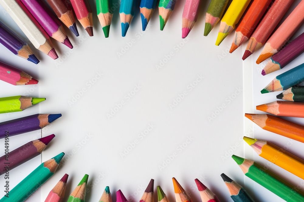 Fototapeta premium Colorful crayons on white background with copy space for text