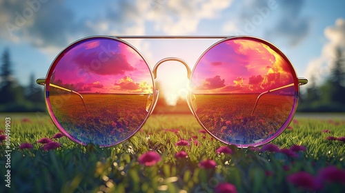   Lush green field, sunset reflected in sunglasses perched atop it © Sonya