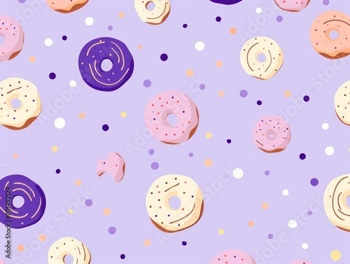 Lavender background simple minimalistic seamless pattern  multicolored playful hand drawn cute lines and stars on sugar sprinkles on a donut  confetti