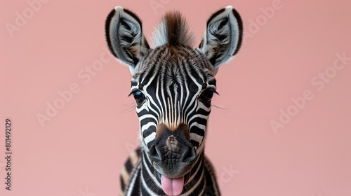   Close up of a zebra s face with tongue hanging out