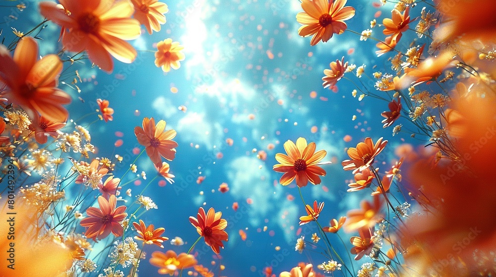 A photo of a bouquet of flowers set against a backdrop of a blue sky with cloudy skies A photo of a bouquet of flowers set against a backdrop of a blue sky with cloudy skies