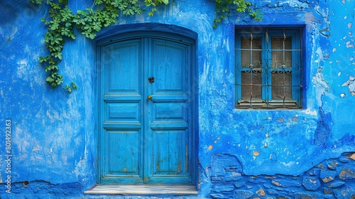   A blue building with a green plant growing on its side and a blue door with a window and window sill is a visually appealing image The combination of the cool colors blue and green creates © Sonya