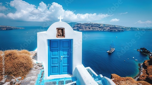  A blue-and-white building with a blue door overlooks the ocean and features a boat in the water