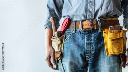 Visualize a scene of professionalism as a contractor man dons work attire, complete with a carpenter toolbelt, against a pristine white backdrop photo