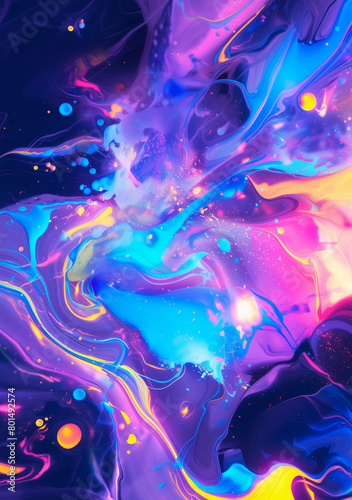 Abstract background with neon splash marble pattern and splattered paint details
