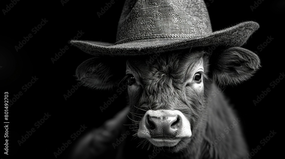   A black and white image of a cow wearing a hat, facing the camera