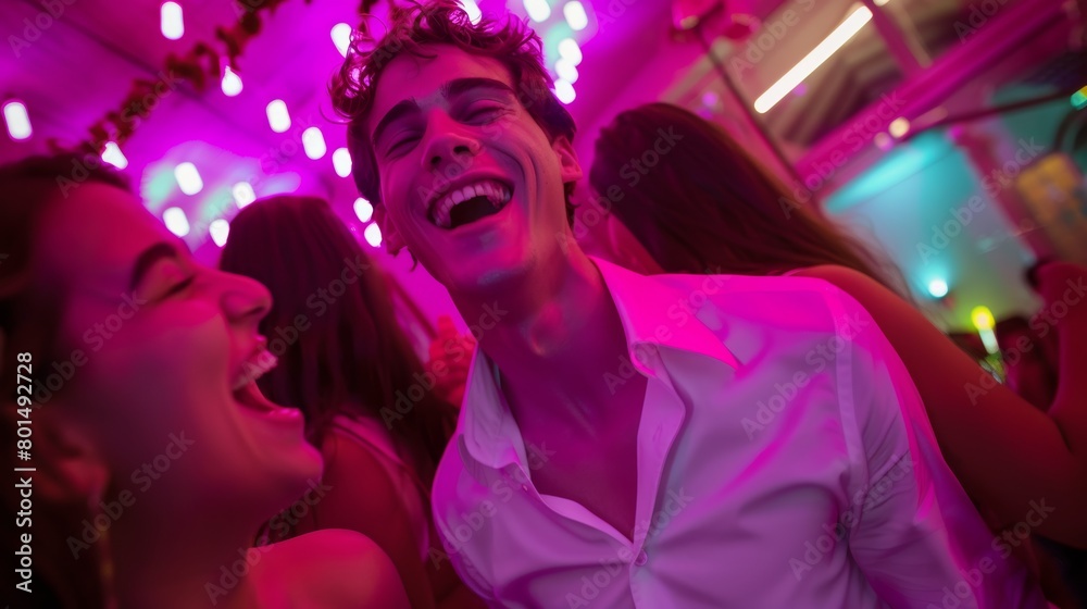 Cheerful friends dancing at night club in neon light. Focus on man Cheerful friends dancing at night club in neon light. Focus on man