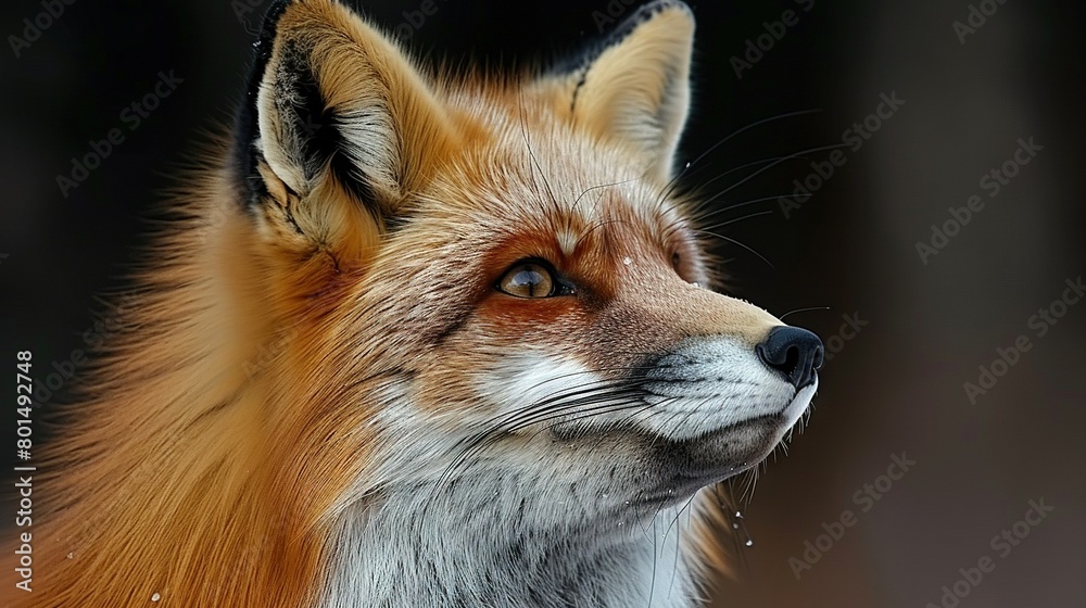   Close-up of red fox face with water droplets on fur against black backdrop