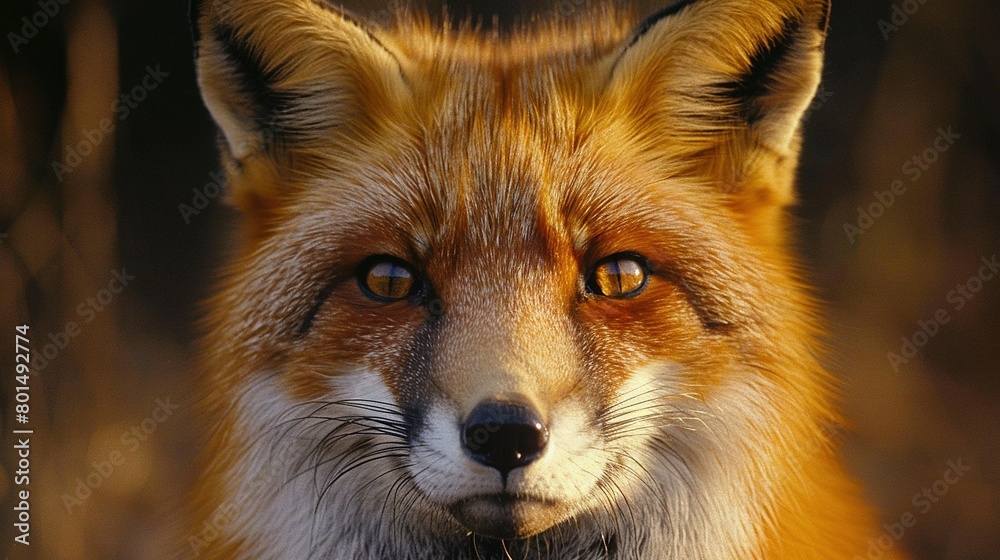 Fototapeta premium A close-up of a red fox's face, with a blurry background of trees in the foreground