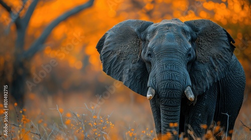  Close-up of an elephant in a green meadow surrounded by tall trees against a warm yellow backdrop