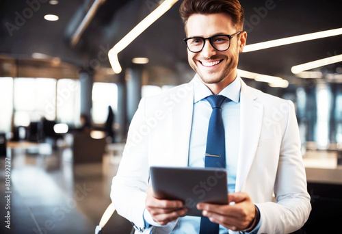 'tablet center business man smiling banner hand professional using occupation work adult header office businessman technology young digital people computer person photogenic male standing'
