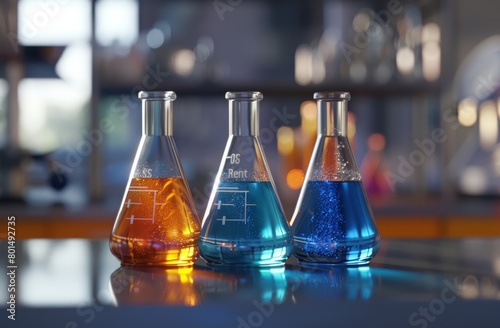 Colorful science glass flasks filled with liquid solutions, perfect for chemistry school laboratory experiments