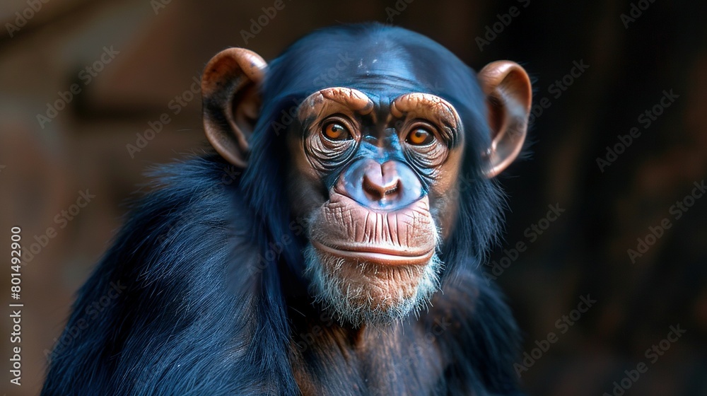   A close-up of a monkey's face against a blue and brown background