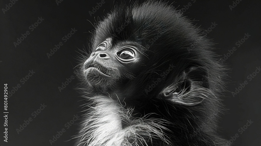 Black & white photo of a curious baby monkey looking up at the camera Black & white photo of a curious baby monkey looking up at the camera