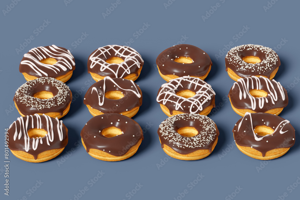 Trendy sunlight Summer pattern made with glazed donut with sprinkles on a grey