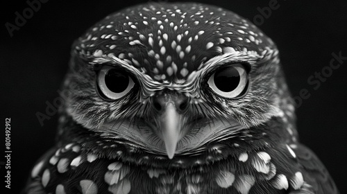   A black-and-white photo of an owl's face with large, rounded, and dotted eyes photo
