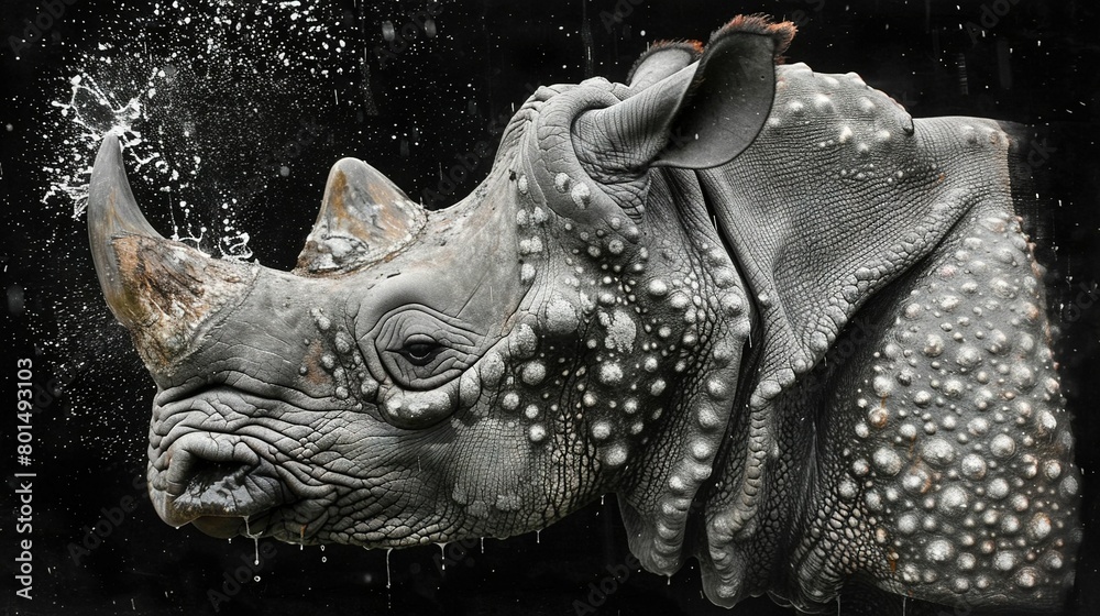 Rhino's face in water splash Rhino's face in water splash