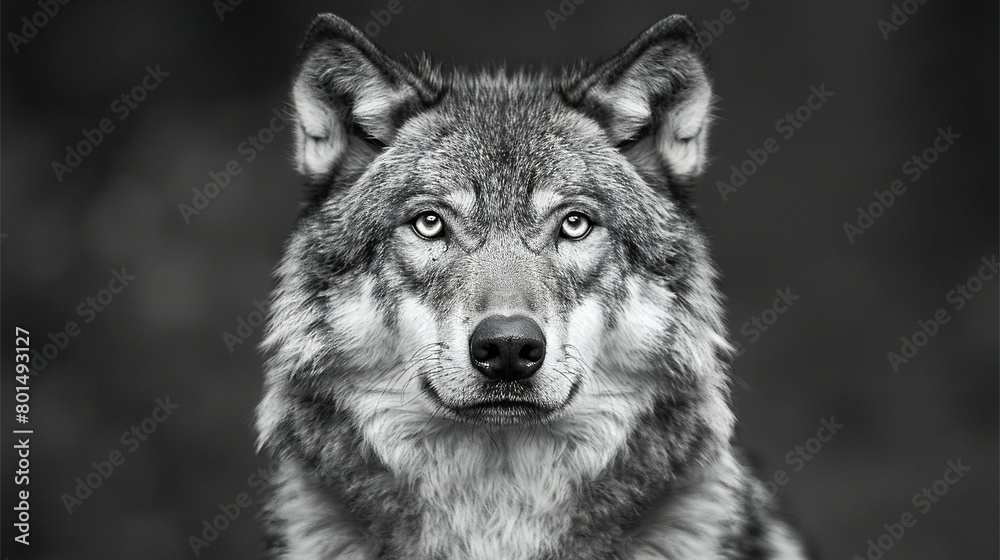   A monochrome image captures a mournful wolf staring into the lens