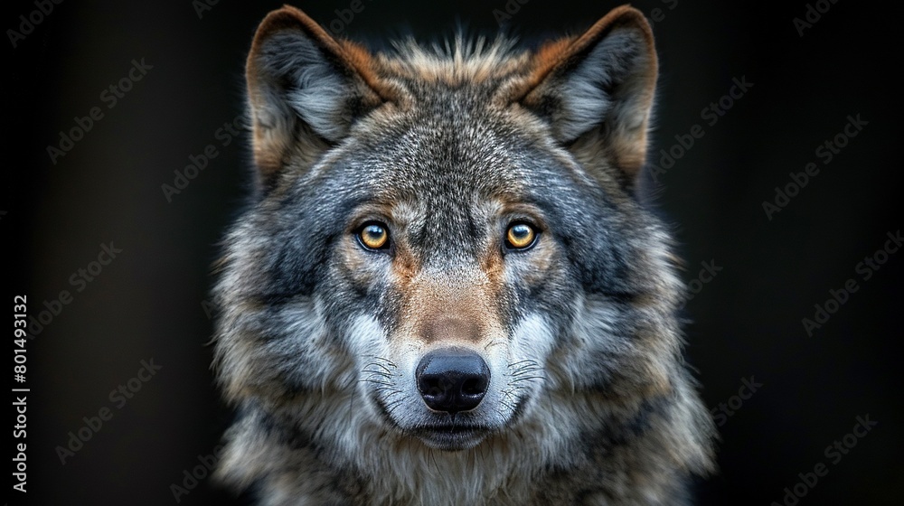   A close-up of a wolf's face, with an intense gaze, against a black backdrop