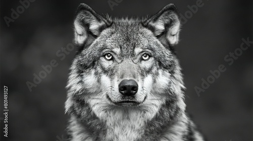  A monochrome image captures a mournful wolf staring into the lens