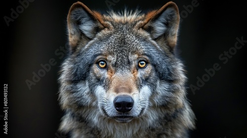  A close-up of a wolf's face, with an intense gaze, against a black backdrop